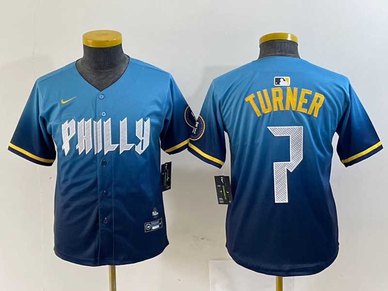 Youth Philadelphia Phillies #7 Trea Turner Blue 2024 City Connect Limited Stitched Jersey,We sell and wholesale Youth Philadelphia Phillies #7 Trea Turner Blue 2024 City Connect Limited Stitched Jersey on line form chian!